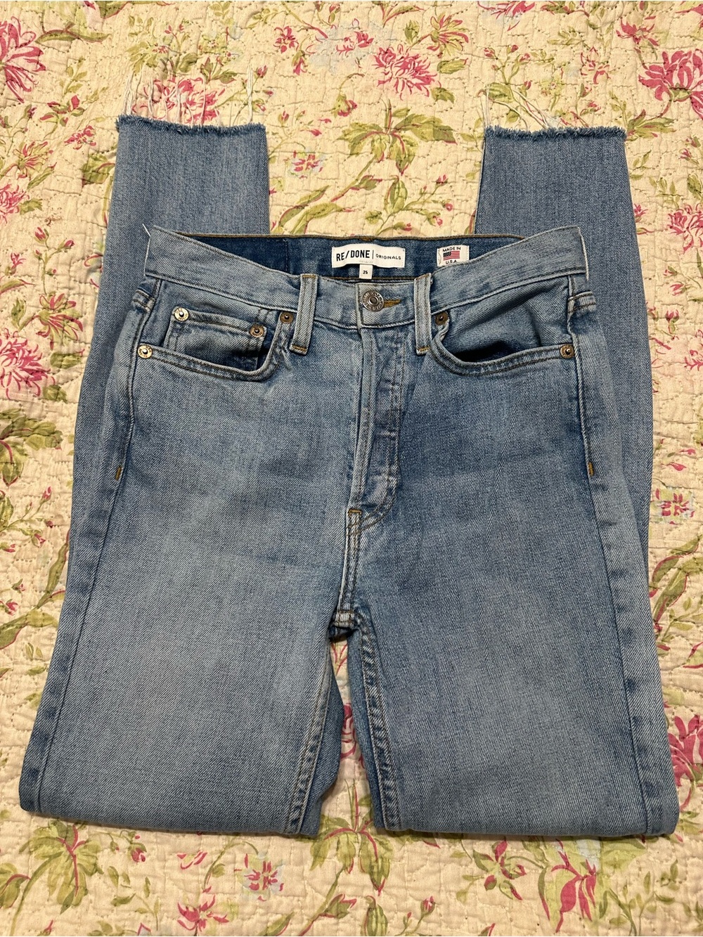 RE/DONE Originals 2017 High Rise Crop Jeans 25 Made USA Button Fly Raw Hem